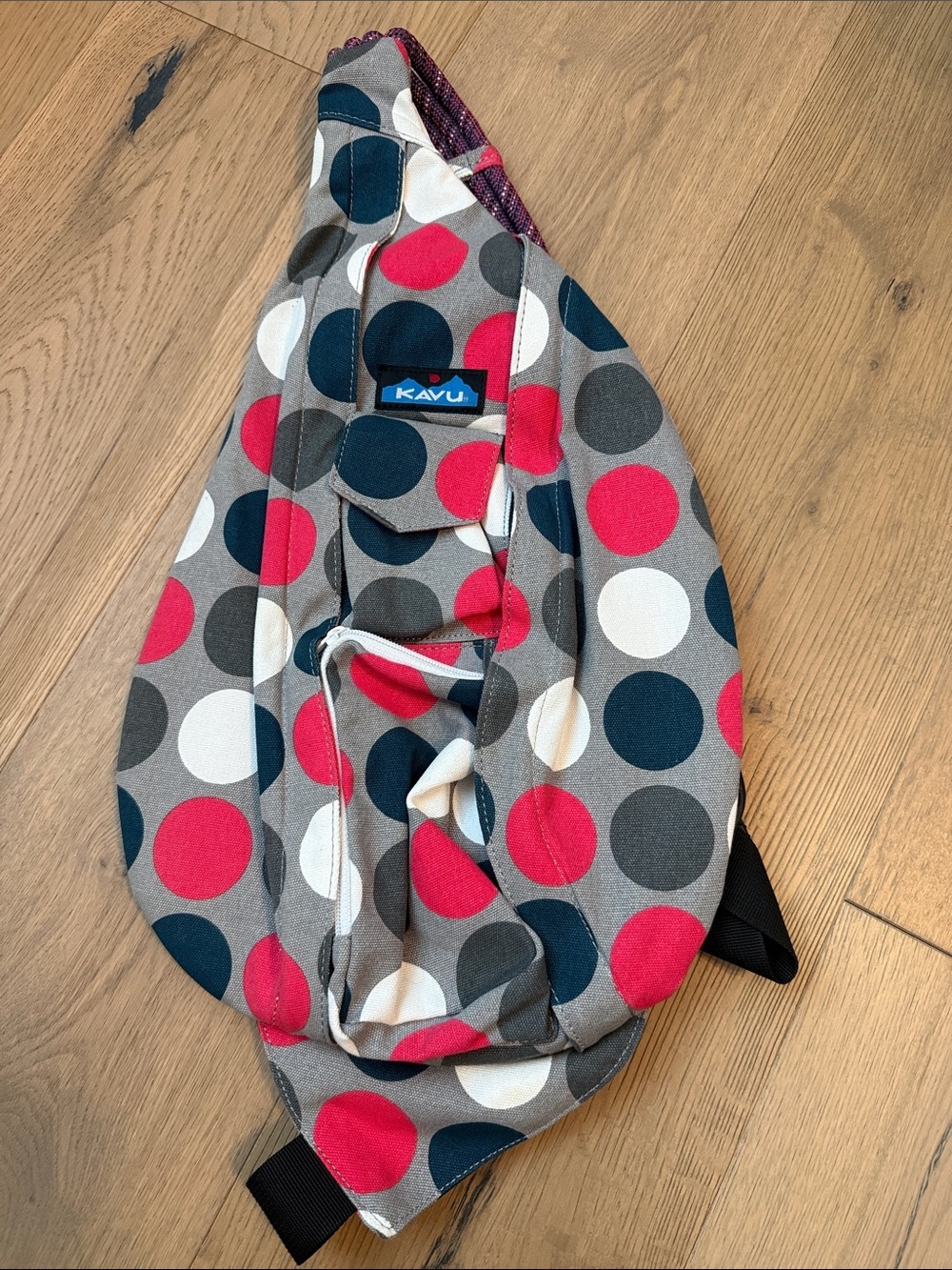 KAVU Gots Dots Pink Gray Blue Polka Dot Sling Backpack - Picture 1 of 4